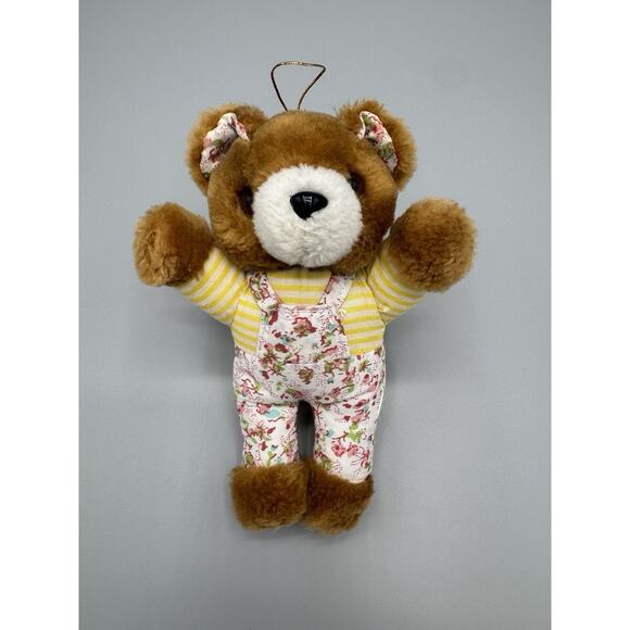 Small Teddy Bear Plush Ornament 7 Inch Stuffed Animal Floral Overalls No Tag - Picture 1 of 4